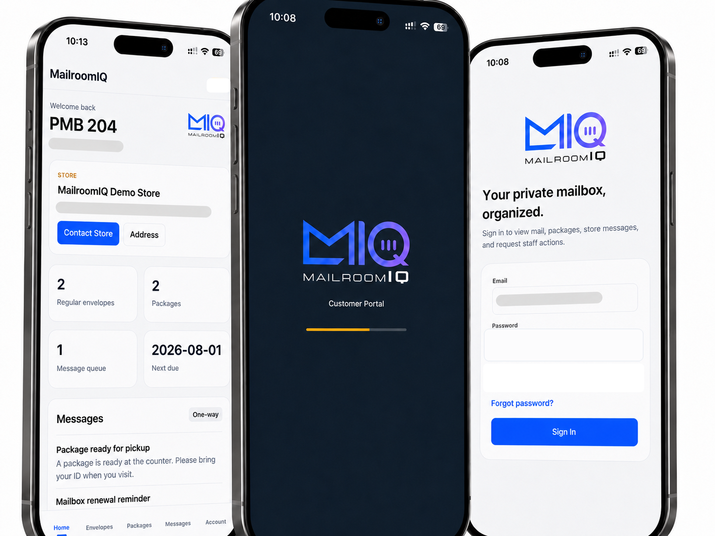 MailroomIQ customer app screens for private mailbox access, package visibility, and secure sign-in.